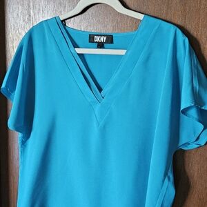 DKNY Women's Bright Teal V-Neck Short Sleeve Blouse